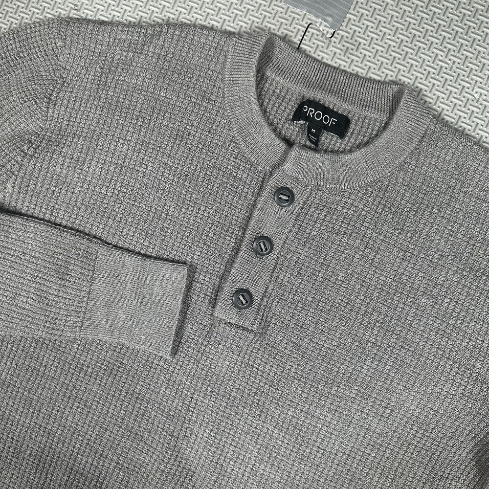 Proof Merino Wool Blend Sweater Men M Gray Knit Henley Pullover Waffle H55 Polo